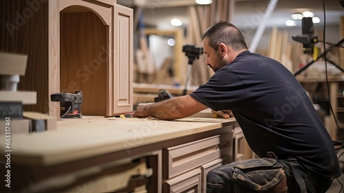Artistic woodworking, personalized carpentry, craftsmanship in action, bespoke woodwork, meticulous creation. Generated by AI