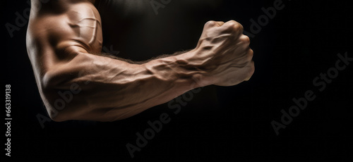 Fondo negro con brazo con músculo en el gimnasio.