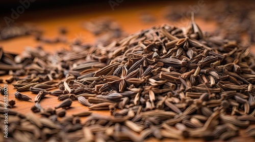 Fragrant caraway seeds are celebrated for their unique blend of earthy warmth. Culinary celebration, flavor richness, aromatic depth, versatile spice. Generated by AI