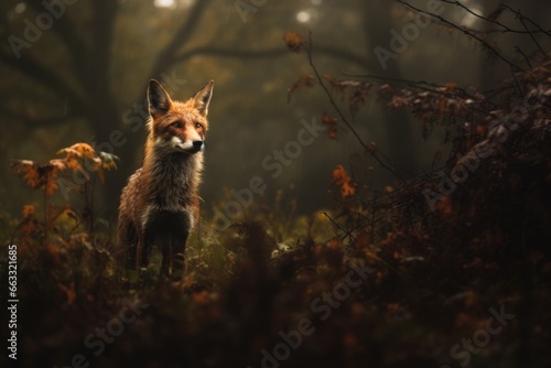 Cute red fox sitting on autumn field with wildflowers. Beautiful vulpes vulpes animal in the nature habitat. Wildlife scene from the wild nature. Wallpaper, beautiful fall background