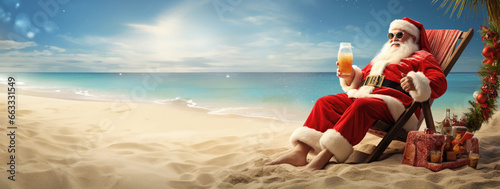 Santa Claus on the beach relaxing on a sunbed in the beach. Christmas Vacation