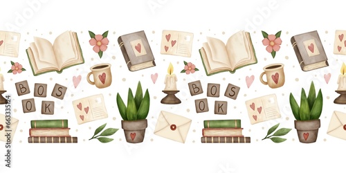 Reading lovers cute hand drawn seamless border. Books and cozy things