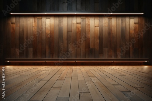 A stage like setting with wooden floor, wall, and product display