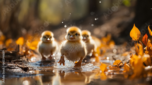 cute yellow ducklings in a group run towards the autumn yellow leaves in the fall of the sunny day of change