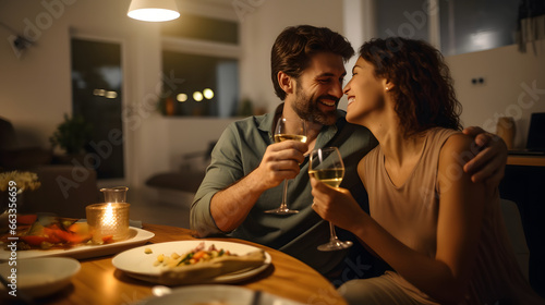 Happy young couple having dinner at home, romantic marriage man and woman celebrating wedding anniversary in kitchen at home