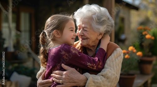 Caucasian granddaughter hugging her grandmother in the garden. Generative AI.