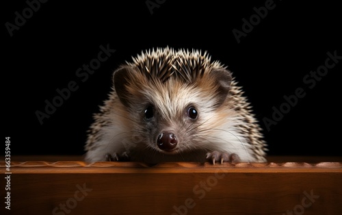 hedgehog on wooden table in a black background