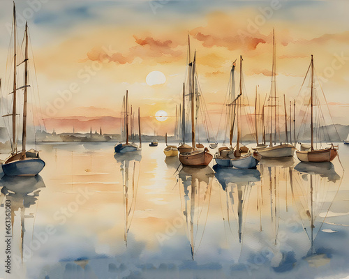 An image of a harbor with small sailboats and a town in the background