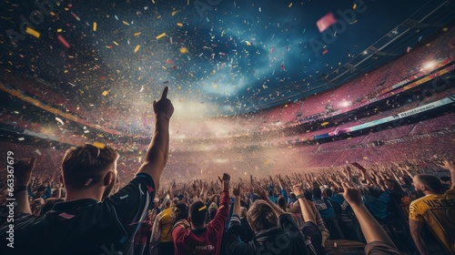 Cheering crowd at a soccer stadium with confetti falling down