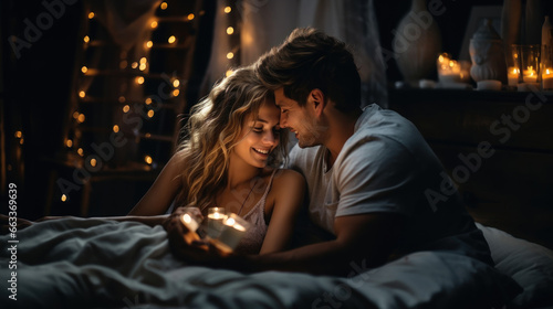 Beautiful young couple is looking at each other and smiling while lying in bed at home.