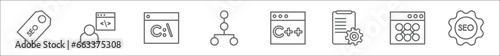 outline set of seo line icons. linear vector icons such as seo tags, developer, command, sitemap, programming language, compiler, seo monitoring, badge