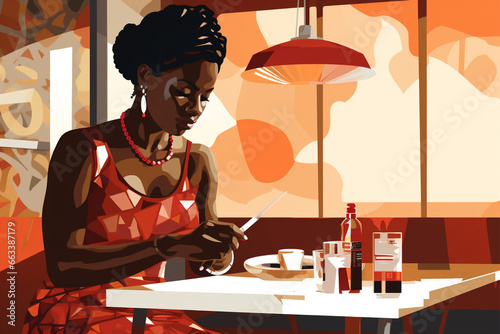 African American girl checks sugar level in restaurant