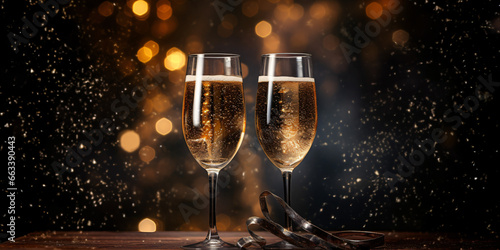 Happy New Year 2024! Two glasses with champagne, ash and serpentine bokeh on a dark background