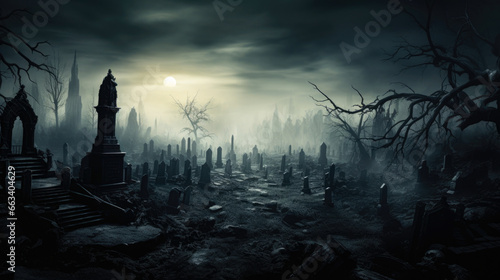 Soft moonlight and eerie shadows in haunted and creepy graveyard