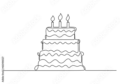 Birthday cake continuous one line drawing. Celebration object with candle. Concept for holiday decoration