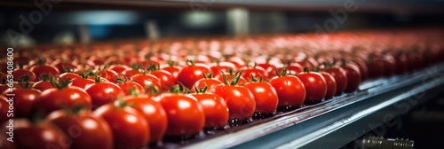 Tomatoes, Production of tomatoes on conveyor belt in factory, Concept with automated food production.