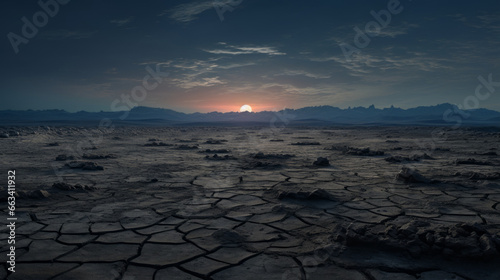 A barren wasteland stretches beyond the horizon, the cracked ground illuminated by the faint light