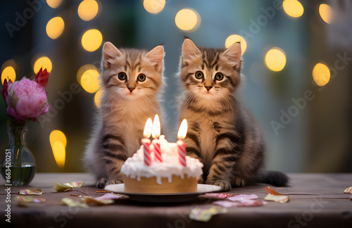 Dois lindos gatinhos comemorando aniversário com bolo com velas