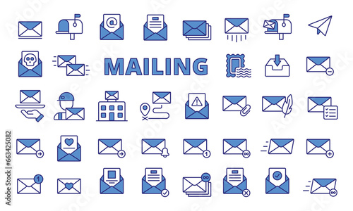 Mailing icons in line design blue. Envelope, mail, business, email, letter, address, send, receive, inbox, outbox, tracking icons isolated on white background vector.