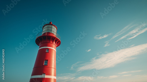 A bright red lighthouse illuminated against a pale blue sky