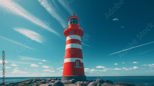 A bright red lighthouse illuminated against a pale blue sky