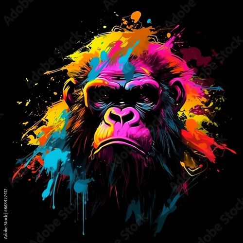 Gorilla. Abstract, neon, multi-colored portrait of a gorilla on a dark background. Generative AI