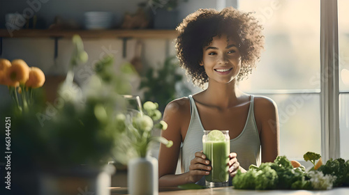 black woman smiling and drinking her green detox juice, healthy table, conscious eating, detoxification with juices