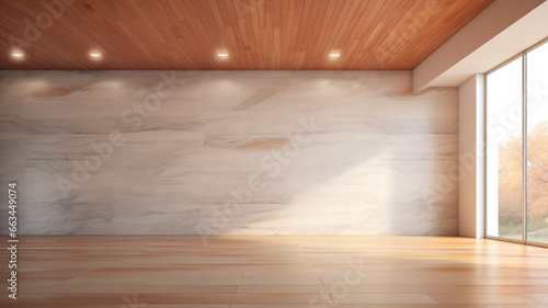 Modern empty room with wood ceiling and marble accent wall, Brightly lit interior with natural light | Generative AI
