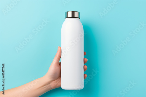 A hand holding a reusable steel stainless eco thermo water bottle on a blue background. This image can be used for a variety of purposes, such as product photography, marketing, and advertising.