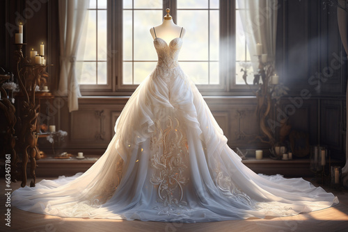Clothes and accessories concept. Beautiful various white wedding dresses fancy background with copy space. Expensive and luxurious wedding salon background. Generative AI