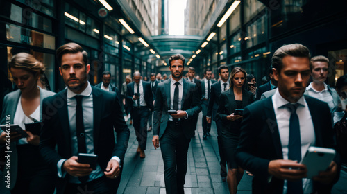 Group of businesspeople office managers and professionals walking to or from work on foot, smartly dressed, navigate and crowded streets