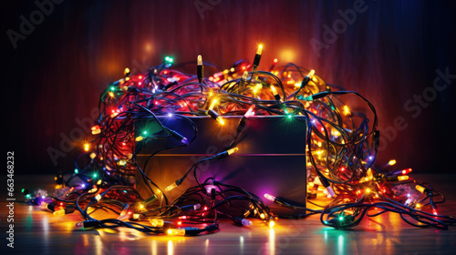 A box full of tangled and colorful fairy lights and other christmas ornaments and decorations