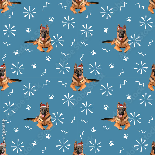 German shepherd Breed. Merry Christmas seamless pattern with dogs in hats and paws, holiday texture. Square format, poster, packaging, textile, wrapping paper. Trendy hand-drawn winter design.