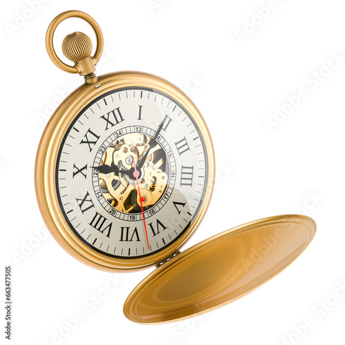 Antique Golden Pocket Watch, 3D rendering isolated on transparent background