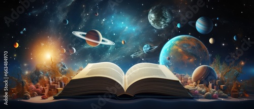 Open book revealing the solar system. space traveling. universe theme. 