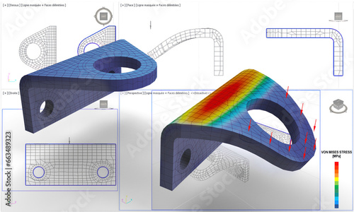 illustration 3D de modèles solides de cornière avec maillage et résultats d'analyse par éléments finis déformés après torsion, plan 2D CAO en arrière plan