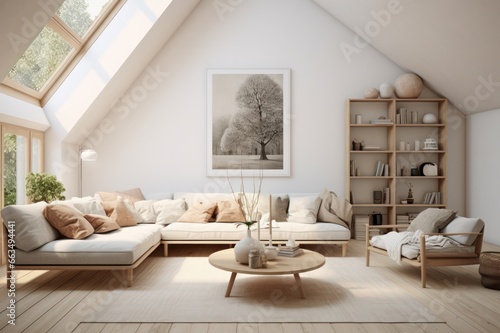 modern minimal scandinavian living room interior with mansard roof window