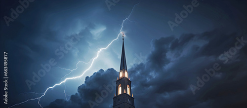 forked lightning by church spire. AI generated.