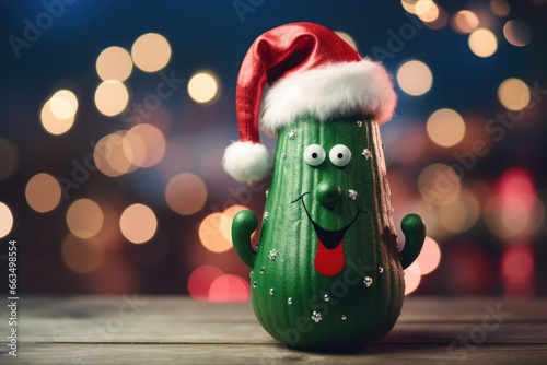 A cartoon doll in the shape of a pickle wearing a Christmas hat