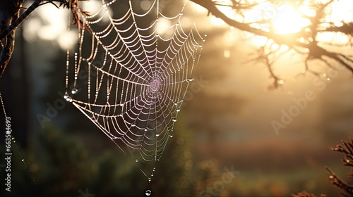  a spider web hanging from a tree branch in the sun. generative ai