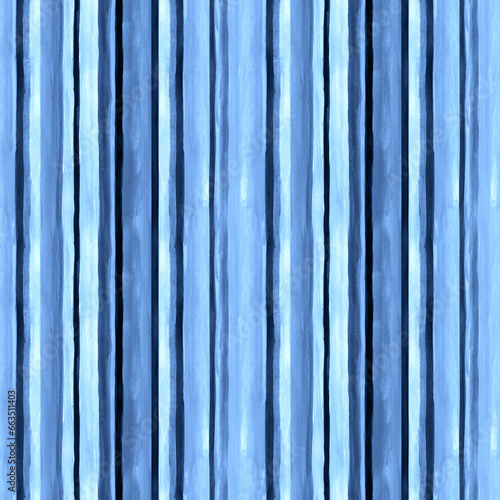 Watercolor striped print in blue colors. Abstract brush strokes vertical line seamless pattern.