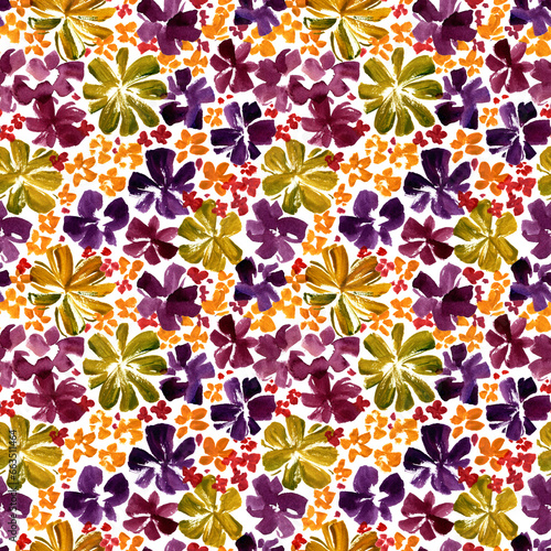 Abstract wild flowers seamless pattern. Cute brush strokes, grunge textured wildflowers background.