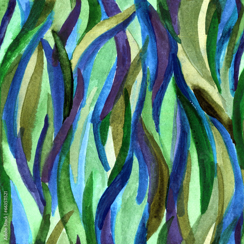 Abstract wavy seamless pattern. Watercolor wavy lines, curves grass motif background.