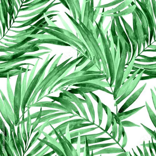 Watercolor tropical leaves seamless pattern. Watercolour palm leaves painting
