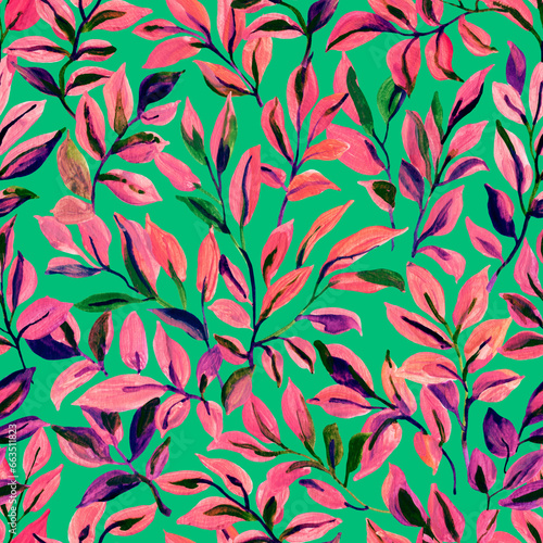 Watercolor colorful leaves seamless pattern. Bright watercolour leaves branches background.