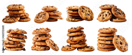 Stack Tower of Chocolate chip cookie cookies on transparent background cutout, PNG file. Many assorted different design. Mockup template for artwork.