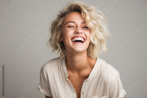 portrait of a blonde woman laughing