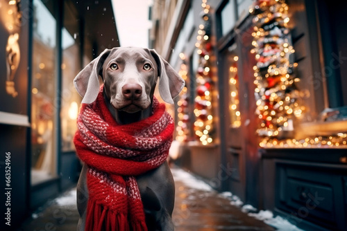 A Weimaraner dog wearing a red Christmas scarf against the backdrop of a city street, next to a Christmas store window.