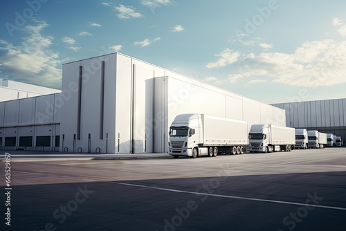 white warehouse with trucks in front of it and outside the building Generative AI