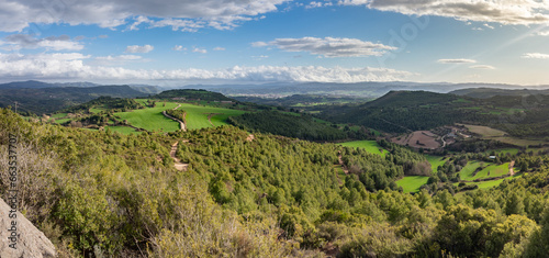 Spring in Catalonia. A panoramic view from Serra de Runió towards Igialada. @ Anoia, Catalonia, Spain.